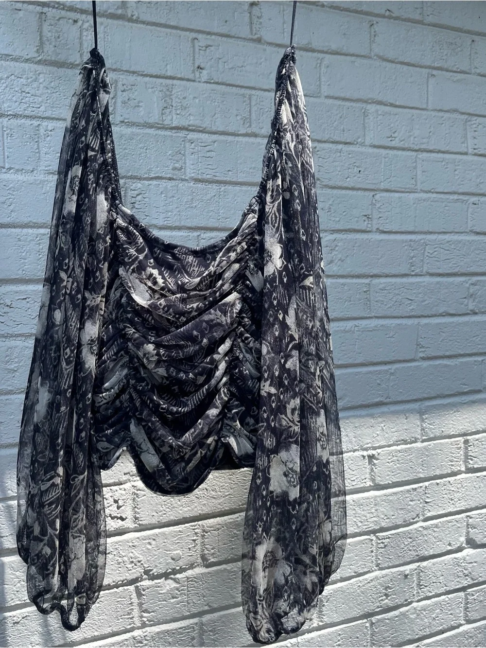Free People Black Floral Ruched Mesh Sheer Balloon Sleeve Top s/p